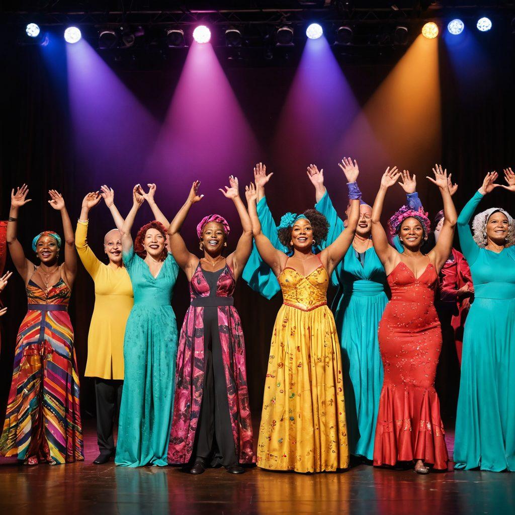 A group of diverse cancer survivors standing confidently on a theater stage, adorned with vibrant costumes and theatrical props. In the background, a spotlight shines down, illuminating their triumphant expressions, symbolizing empowerment and resilience. In the foreground, hands raised in support and appreciation from an audience, blending emotions of hope and strength. The atmosphere is filled with colorful stage lights creating a warm, inviting ambiance. vibrant colors. painting.