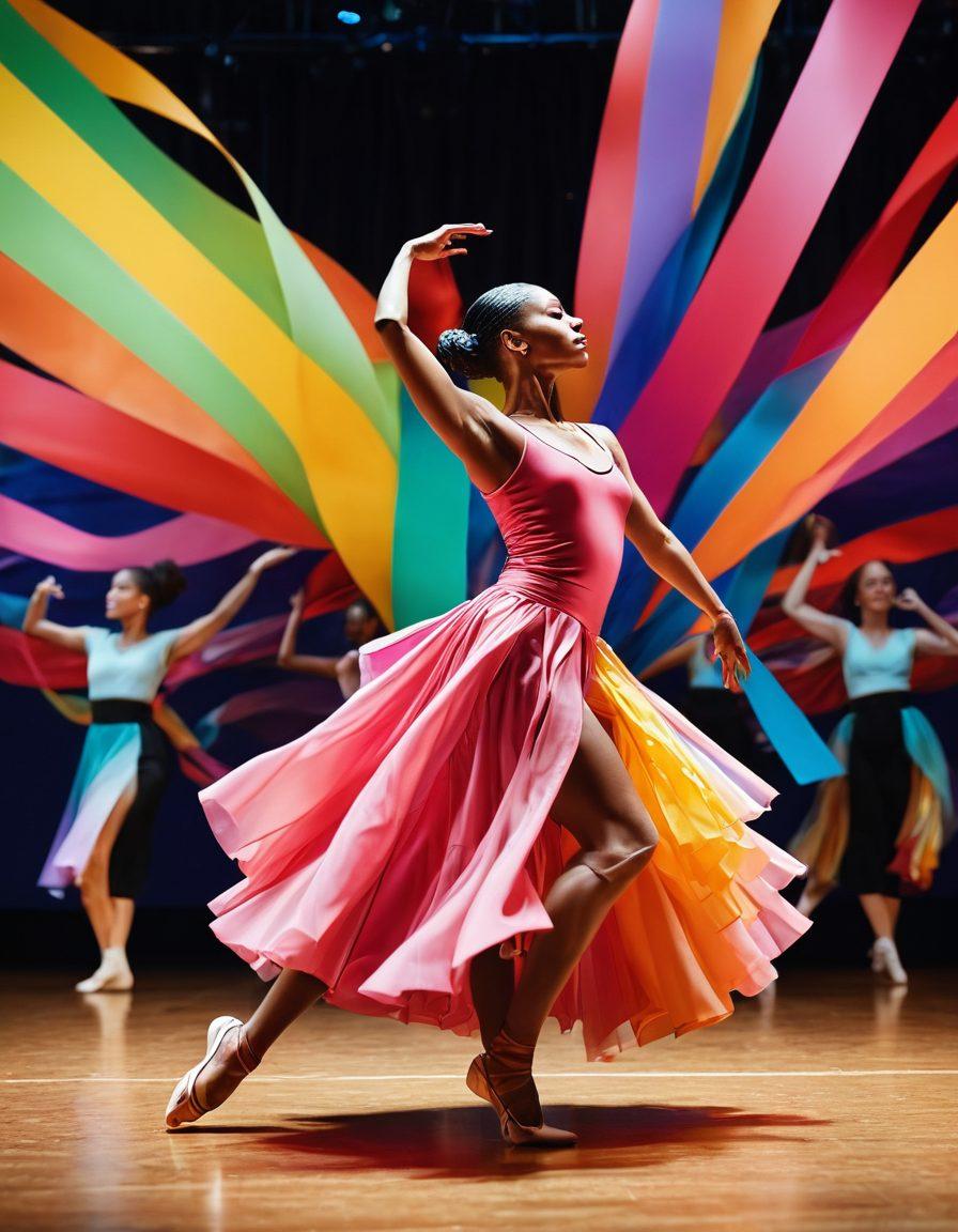 A vibrant scene of diverse performers on a stage, blending dance, theater, and music, symbolizing the healing power of the arts in a supportive community. In the foreground, a graceful dancer portrays resilience, surrounded by colorful ribbons representing hope and awareness for cancer advocacy. The audience is captivated, their expressions a mix of joy and inspiration. The backdrop features abstract art elements, conveying a sense of emotional depth and connection. super-realistic. vibrant colors. 3D.